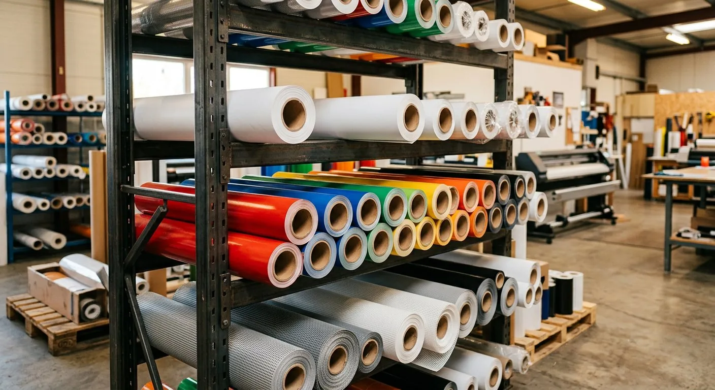 Rolls of banner vinyl, self-adhesive vinyl and mesh print media on workshop racks