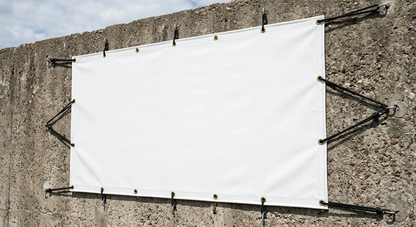 Tensioned flex banner with reinforced hems and metal eyelets