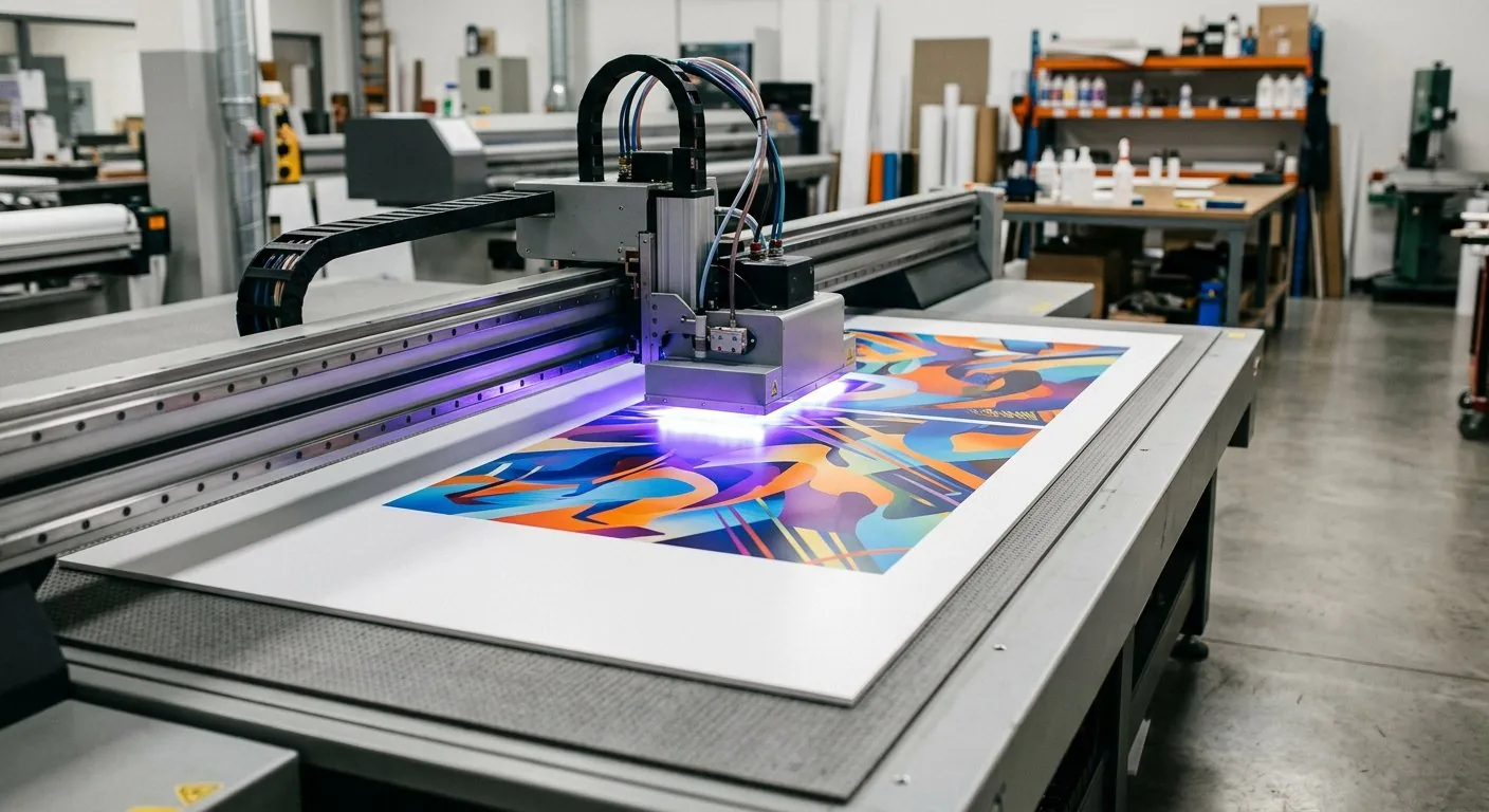 UV flatbed printer printing directly onto a rigid composite board panel