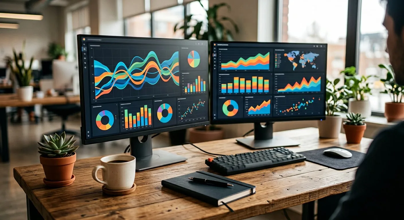 Marketing analytics dashboards on a workspace monitor setup