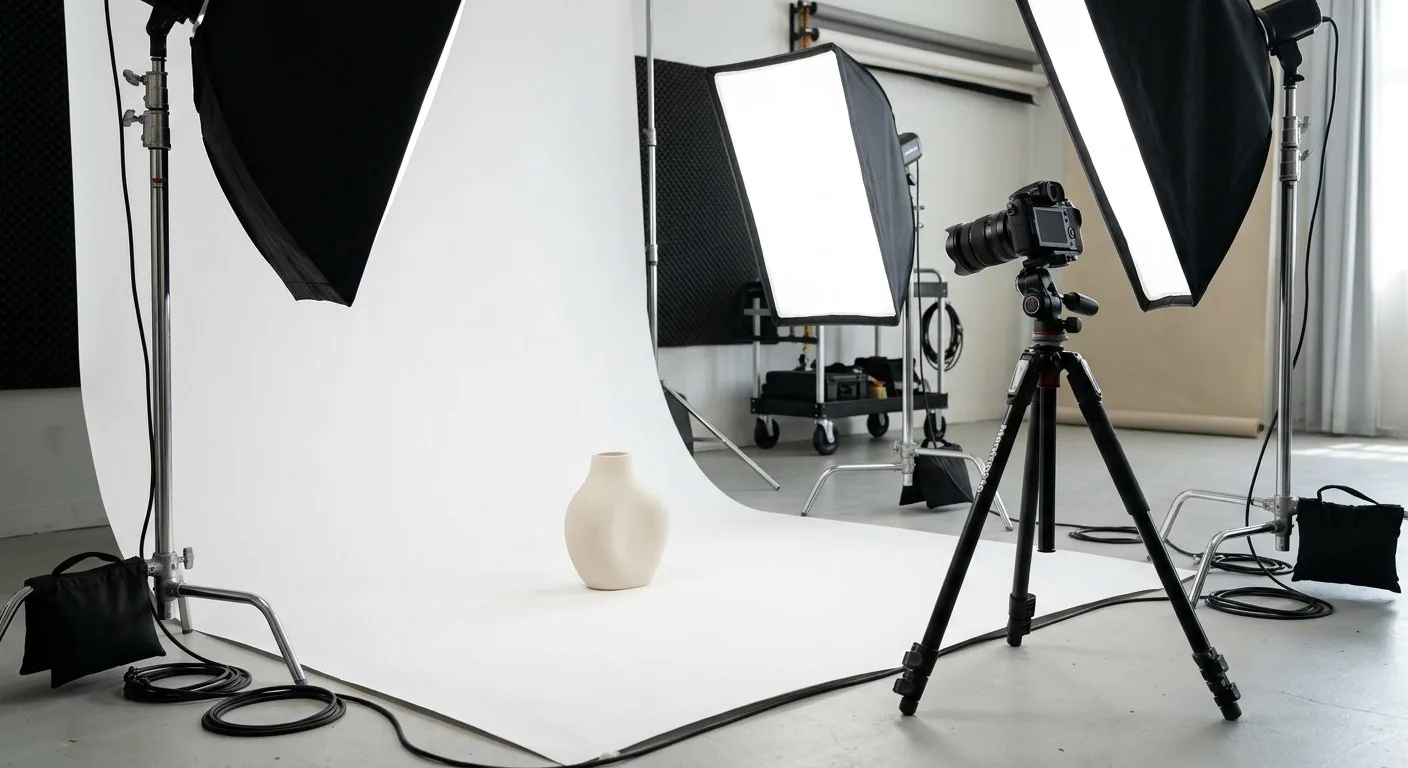 Commercial product photography studio setup with softbox lighting