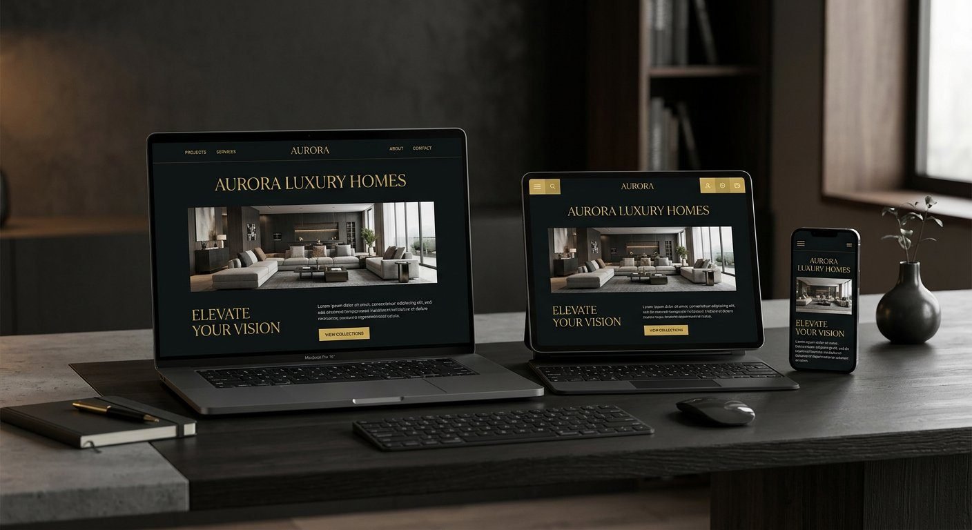 Professional website design displayed on laptop, tablet and smartphone showing responsive web development