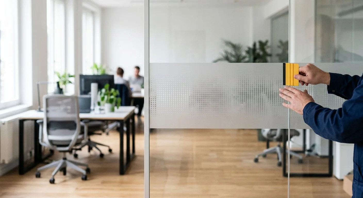 Frosted privacy film applied to a glass office partition