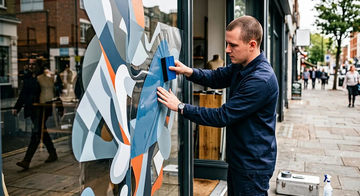 Applying cut vinyl graphics to shopfront glass with a squeegee